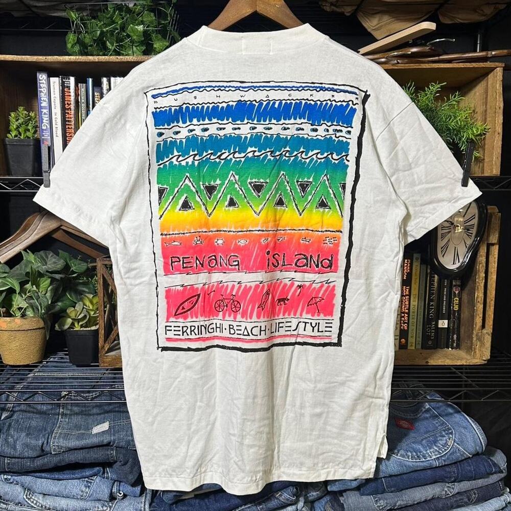 Vintage 90s Single Stitch Bushwacker Sun Gear Surf Tee White Fish Shirt Mens XL